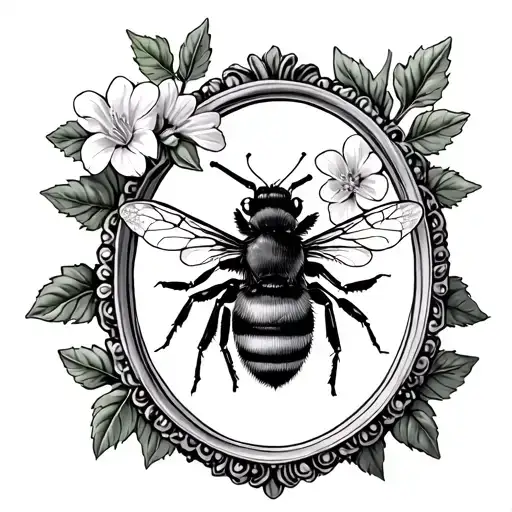 Flowering Basil Sprigs With A Bee In An Antique Oval Frame