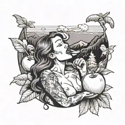 Nude Woman Biting Into An Apple With Tropical Mountains In The Background