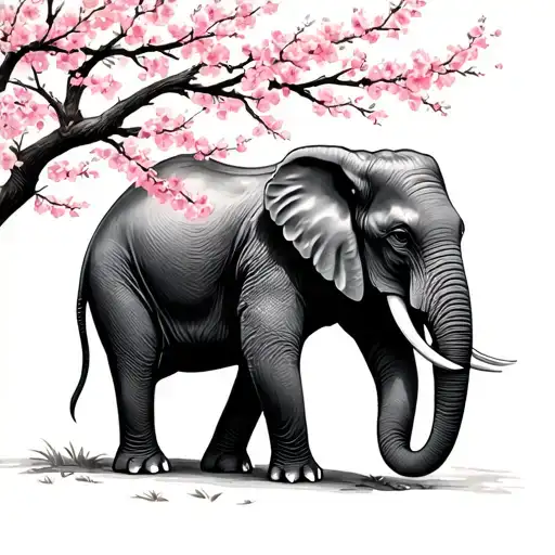 Elephant Under A Cherry Blossom Tree