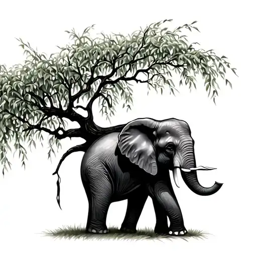 Elephant Under A Willow Tree Silhouette