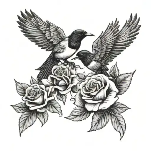 2 Magpies Flying Roses Growing
