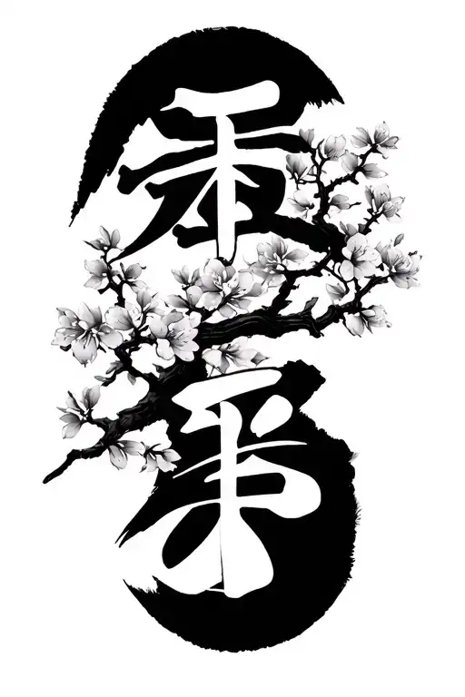 Kyokushin Karate Kanji And Kanku With Cherry Blossom Tree