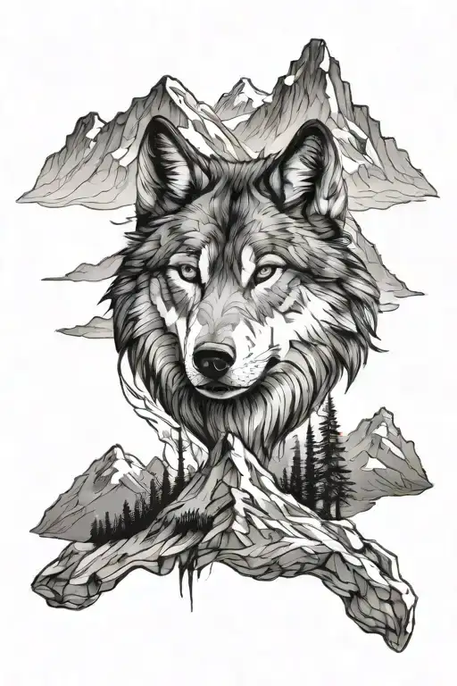 Mountain Range And Wolf Face
