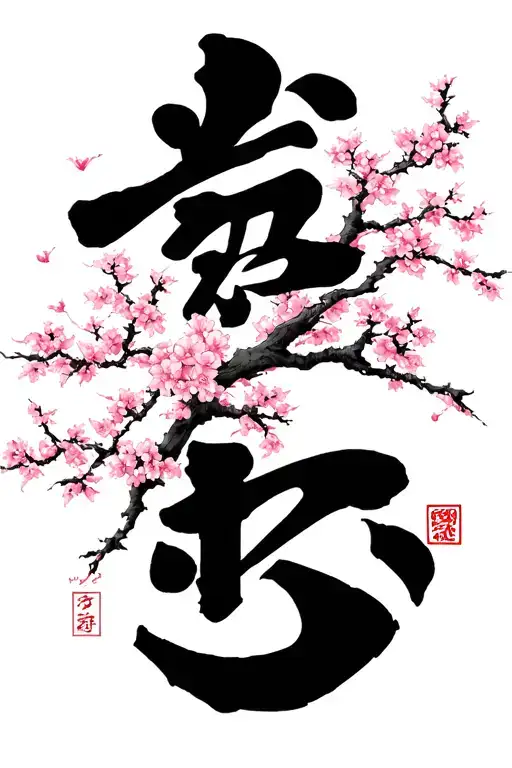 Kyokushin Karate Kanji And Kanku With Cherry Blossom Tree
