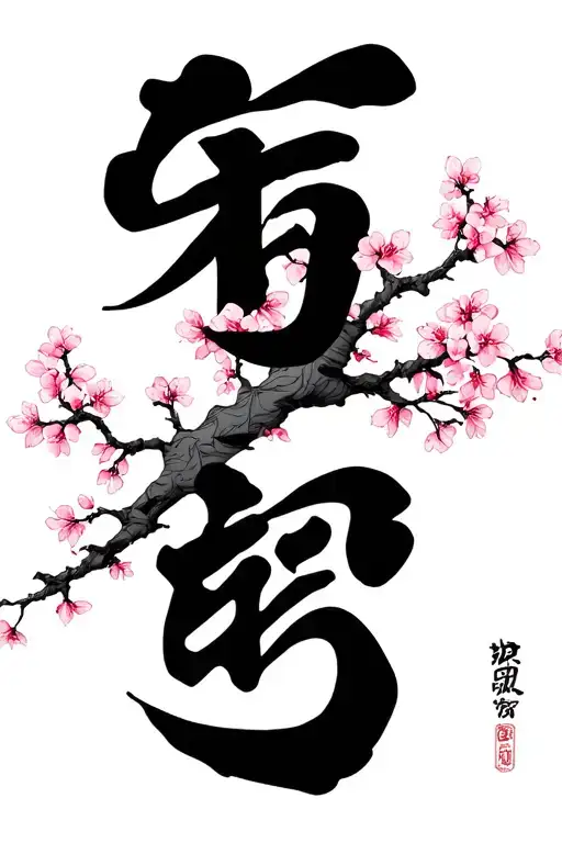 Kyokushin Karate Kanji And Kanku With Cherry Blossom Tree