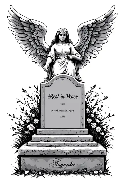 Rest In Peace Tattoo With Angel Wings Spread Over A Tombstone With Room For A Signature