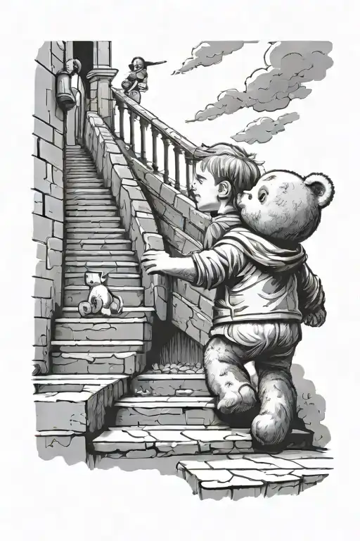 Kid Holding Teddy Bear Looking Up A Stair Way Into Heaven