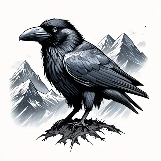 Realistic Raven With Alaskan Mountains