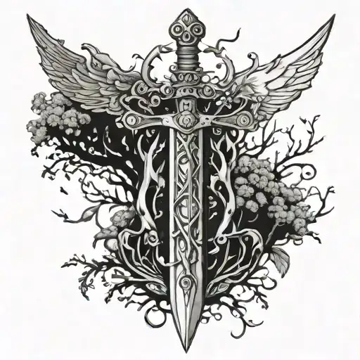 Gemini Tattoo Involving A Broken Sword And A Tree Of Protection