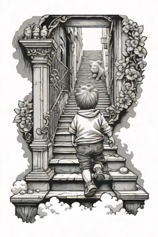 Kid Holding Teddy Bear Looking Up A Stair Way Into Heaven Gates