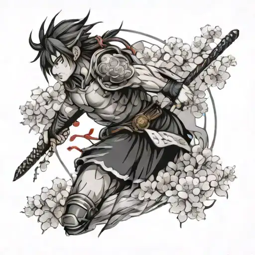 A Black-grey Tattoo Of A Powerful Anime Warrior Surrounded By Japanese Cherry Blossoms