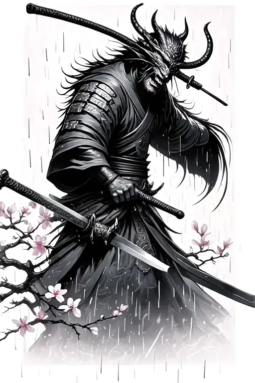 Demon Samurai With Sword Surrounded By Rain And Cherry Blossom
