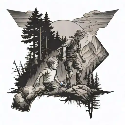 Father And Son In The Mountains And Forest Darts And Football