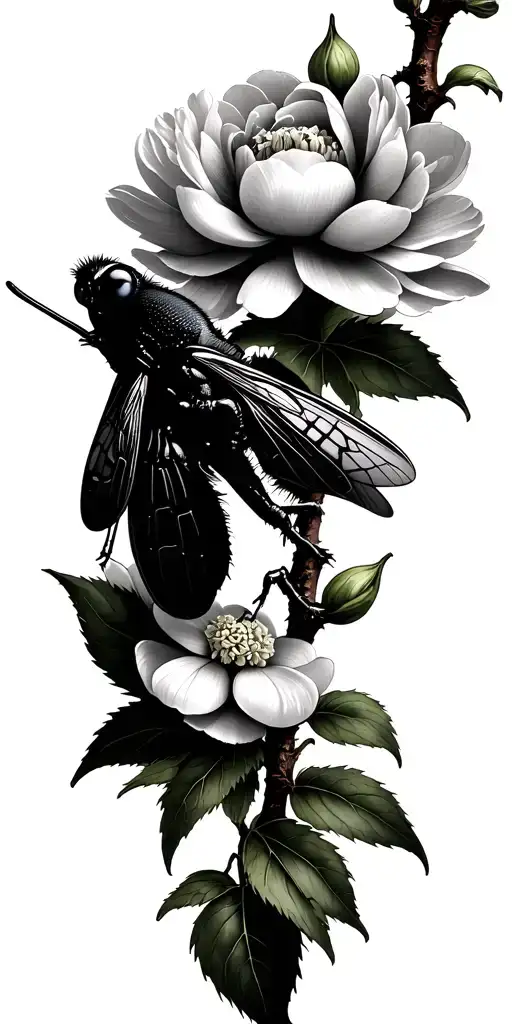 Cricket On A Sycamore Branch With A Peonie Flowers