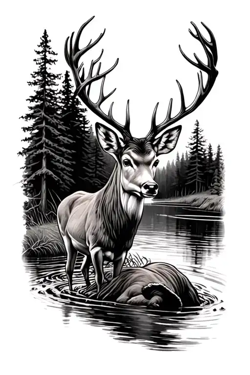 Deer On A Muddy River In The Woods