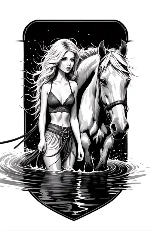 Horse Being Led By The Reigns Through Water By Blonde Girl