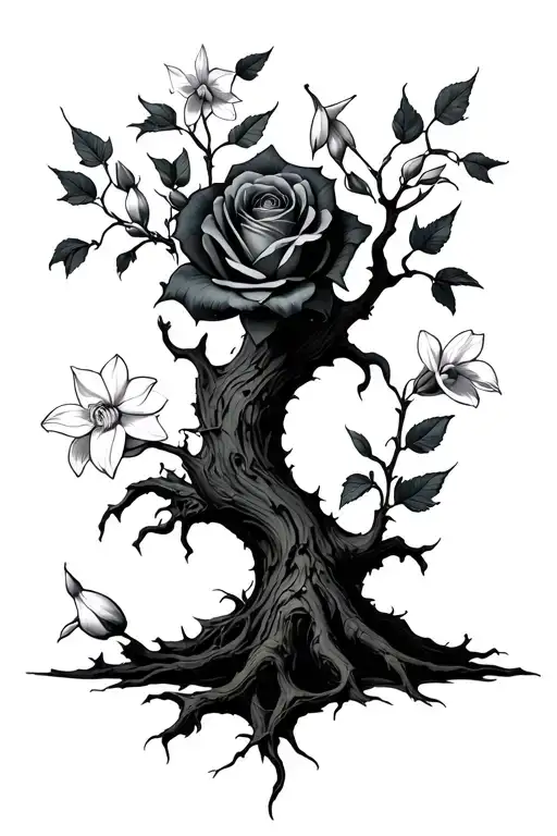 Evil Black Tree With A Single Rose And A Single Narcissus Growing