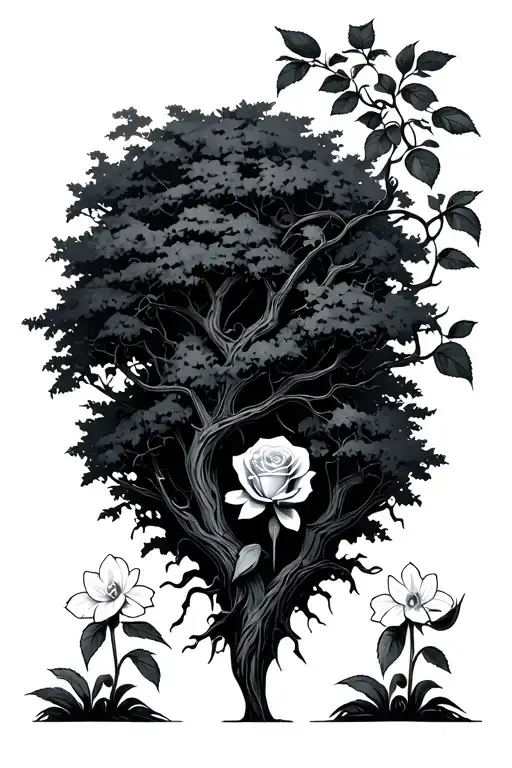 Evil Black Tree With A Single Rose And A Single Narcissus Growing From Beneath It