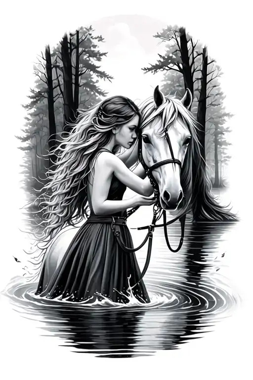 Girl Leading Horse By The Reigns Through Water In A Forest