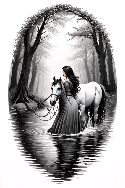 Girl Leading Horse By The Reigns Through Water In A Forest