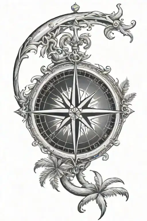 Compass Anchor Moon Surrounded And Palm Tree Branch