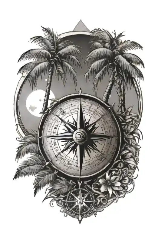 Compass Rose Moon Surrounded Palm Tree