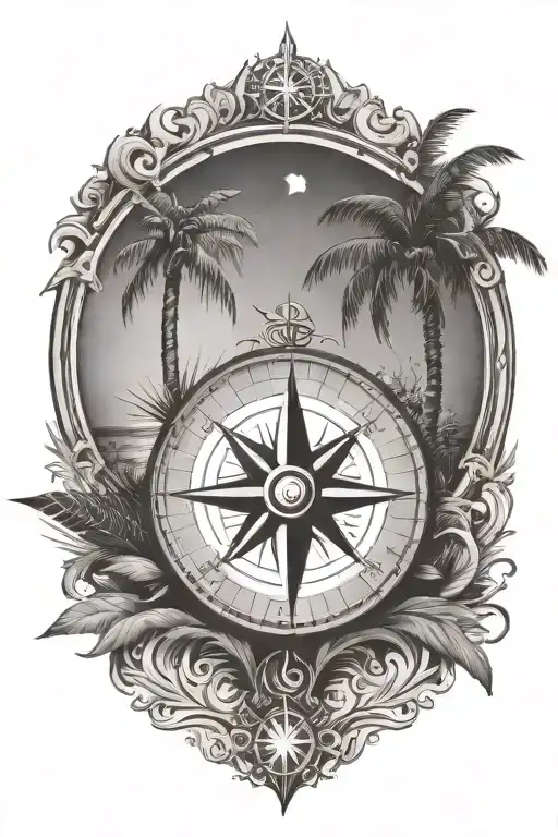 Compass Rose Moon Surrounded Palm Tree