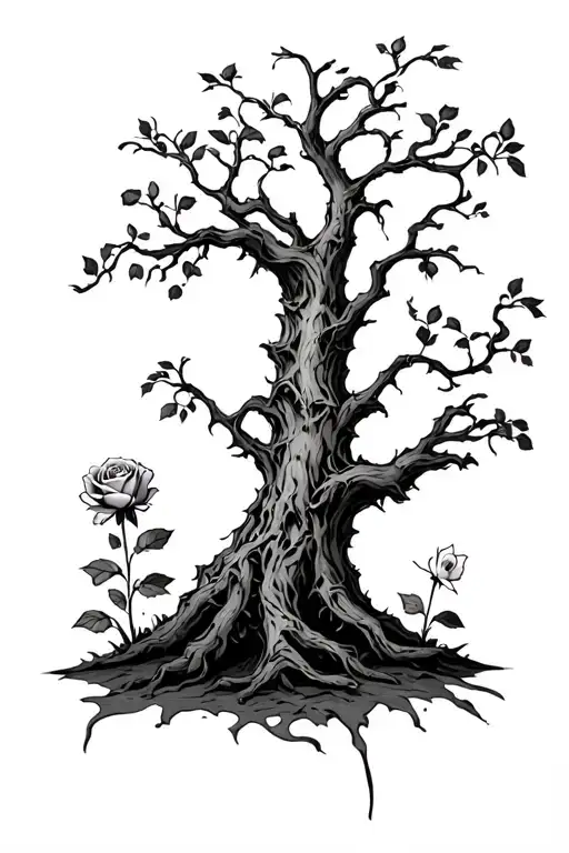 Crooked Scary Tree With A Single Rose And A Single Narcissus Growing Out Of The Ground