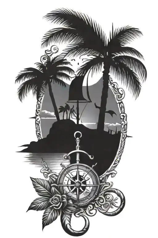 Compass Rose Moon Surrounded Palm Tree Anchor Rope