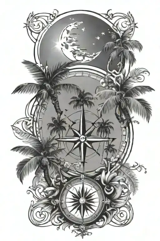 Compass Rose Moon Surrounded Palm Tree