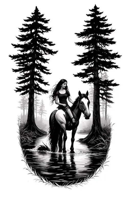 Girl Walking A Horse Through A Forest Stream