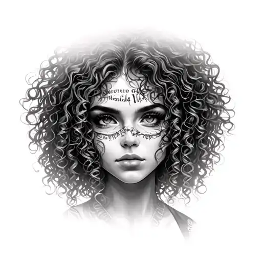Curly Hair Woman Face Eyes Coverd With Word Sinful