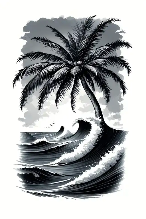 Palm Tree And Waves Crashing Ocean Waves