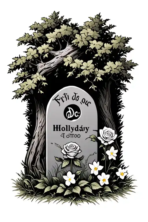 Doc Holliday Gravestone Beside A Cedar Tree With A Rose And Narcissus Flowers