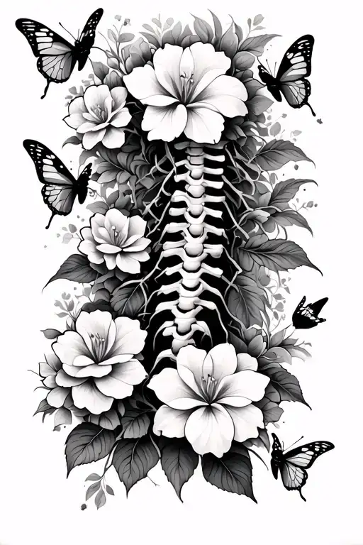 Spinal Vertical Back Tattoo With White Gardenias And Butterflies Surrounding It