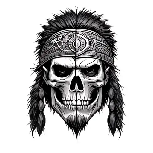 Realstic Taino Male Warrior Head With Half Of His Face Being A Skeleton And The Other Half Normal