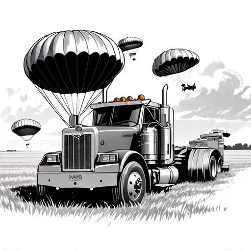 Airborne Paratroopers Falling Down Into Hayfield With Farmall M With Custom 379 Peterbilt Driving By