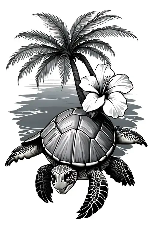 Turtle With A Hibiscus Flower With A Coconut Tree