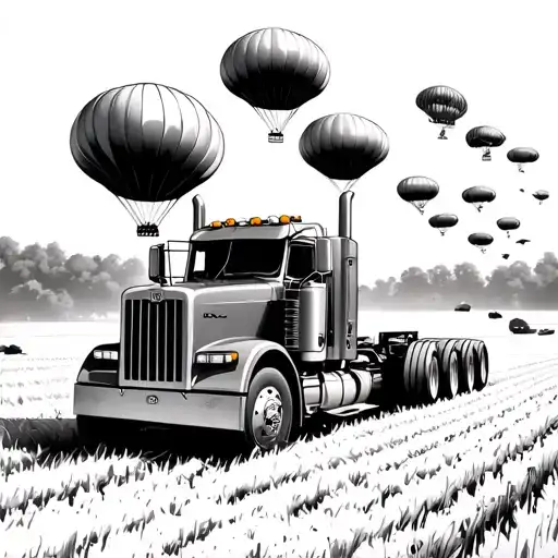 Airborne Paratroopers Falling Down Into Hayfield With Farmall M With Custom 379 Peterbilt Driving By