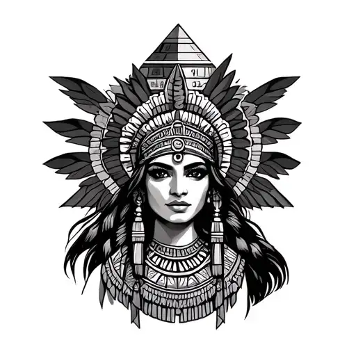 Old School Aztec Princess With Pyramid Background And Aztec Calendar