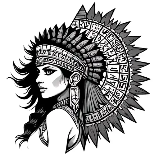 Old School Aztec Princess Warrior With Pyramid Background And Aztec Calendar