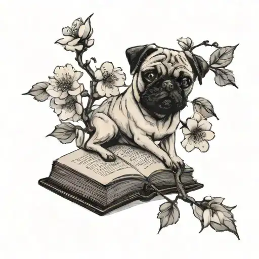 A Cherry Blossom Tree Growing Out Of An Open Book With A Pug Dog Sitting Underneath