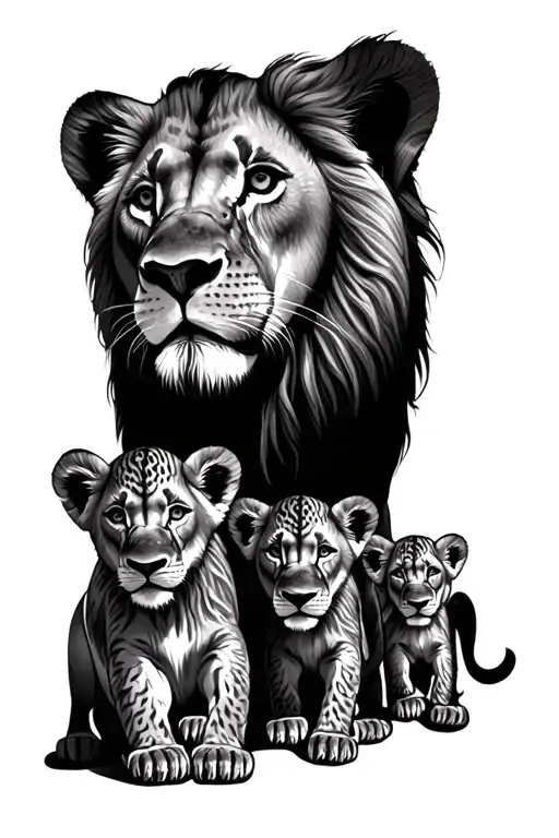 Lion With 4 Lion Cubs