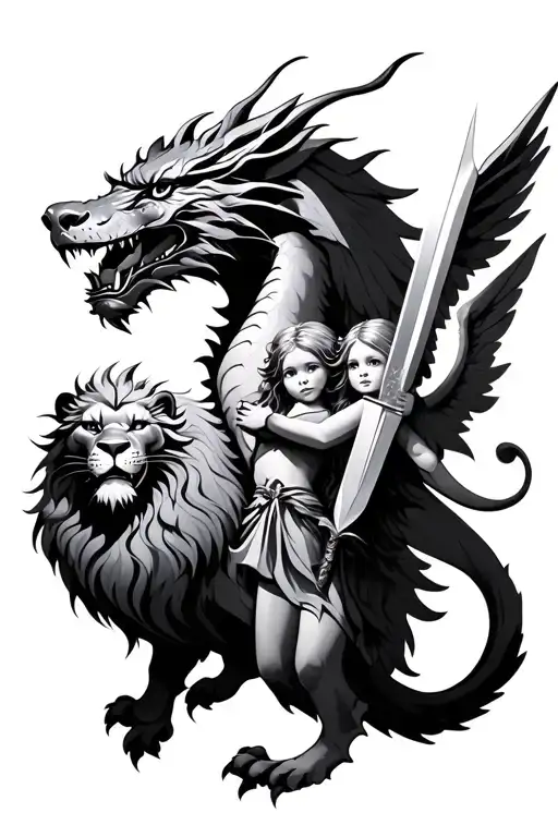 Dragon With Lion And Angel Holding A Sword
