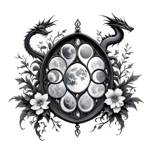 Gothic Window With Vines And Flowers And Moon Phases And Dragons