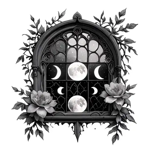 Gothic Window With Vines And Flowers And Moon Phases