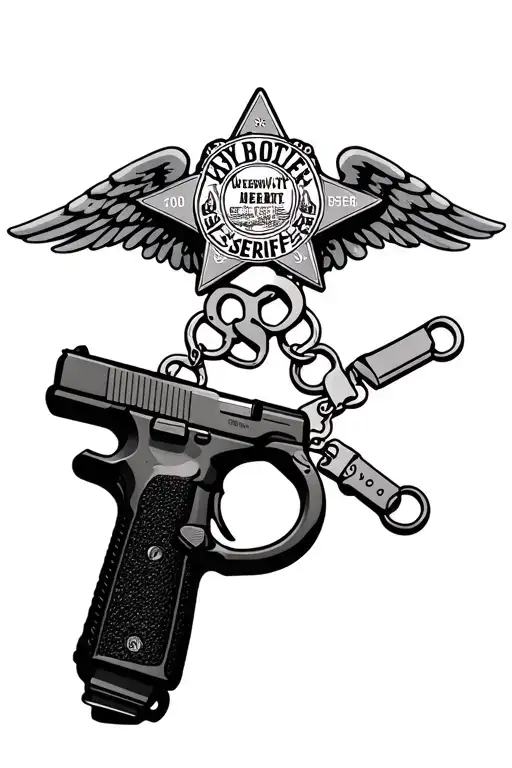 Deputy Sheriff's Badge Intertwined With Handcuffs And A Glock Pistol With Guardian Angel Wings