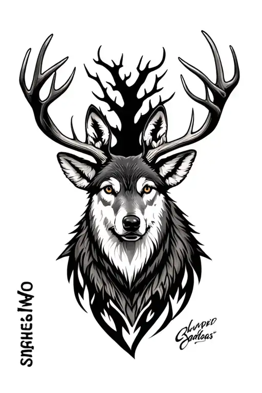 Whitetail Buck And Wolf Head