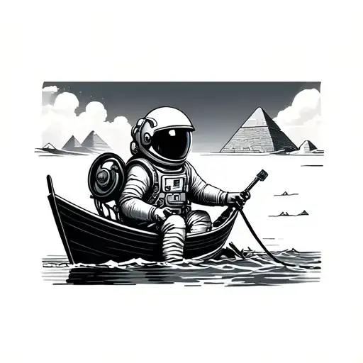 An Astronaut Listening To Music And Steering A Boat Along The River Nile Going Towards The Pyramids