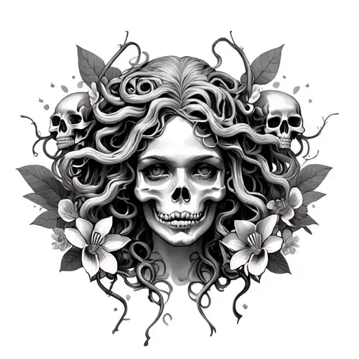 Medusa Head And Half Body With Skulls And Orchids Around For Upper Arm